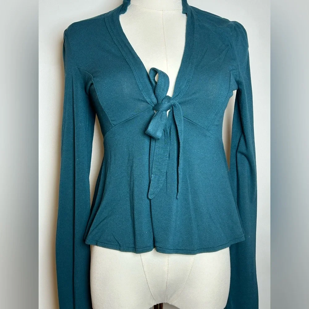 Free People Teal Tie-Front long sleeve peplum top size small